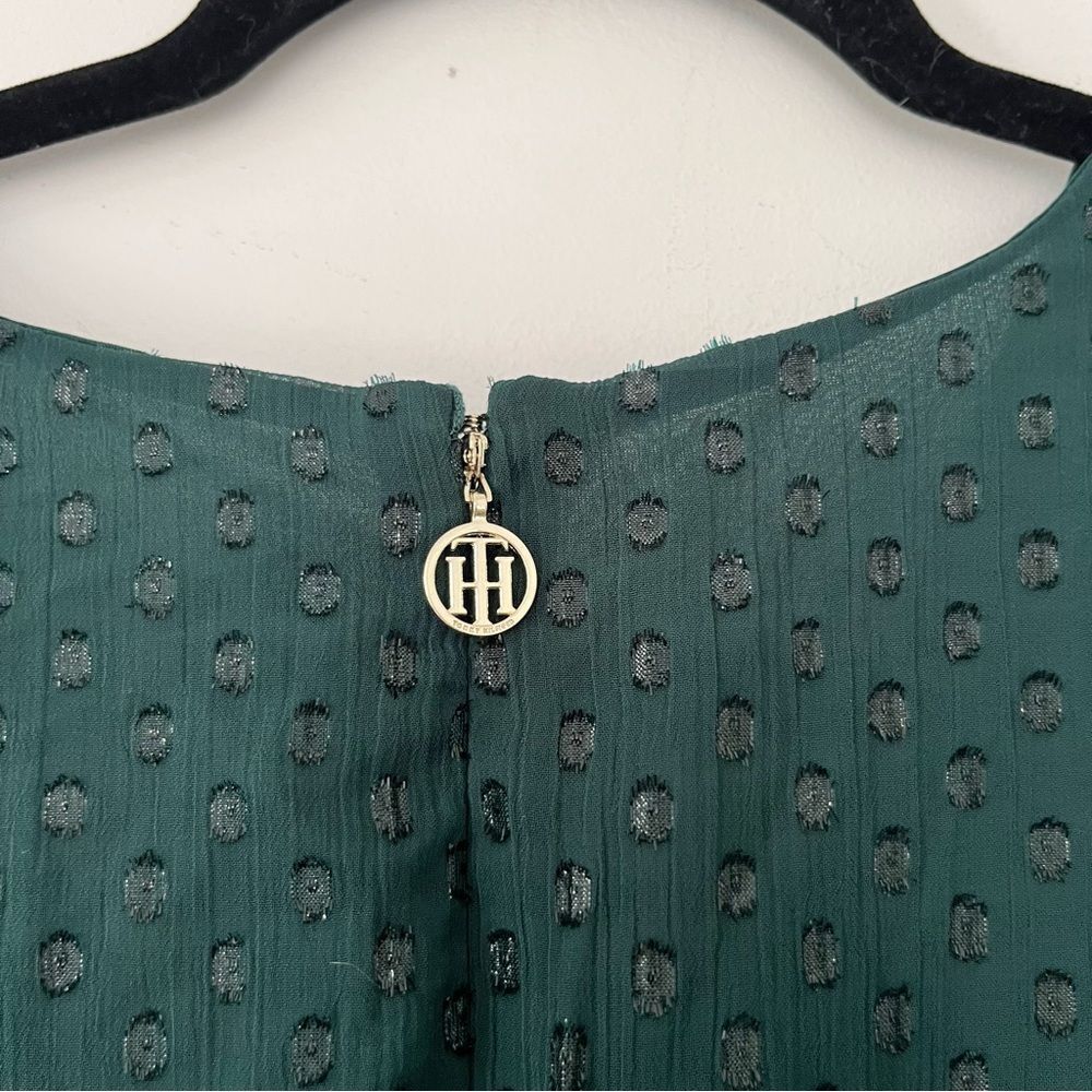 Tommy Hilfiger Emerald Green Faux Wrap Midi Dress Puff Sleeve Glitter Dot - Picture 9 of 16